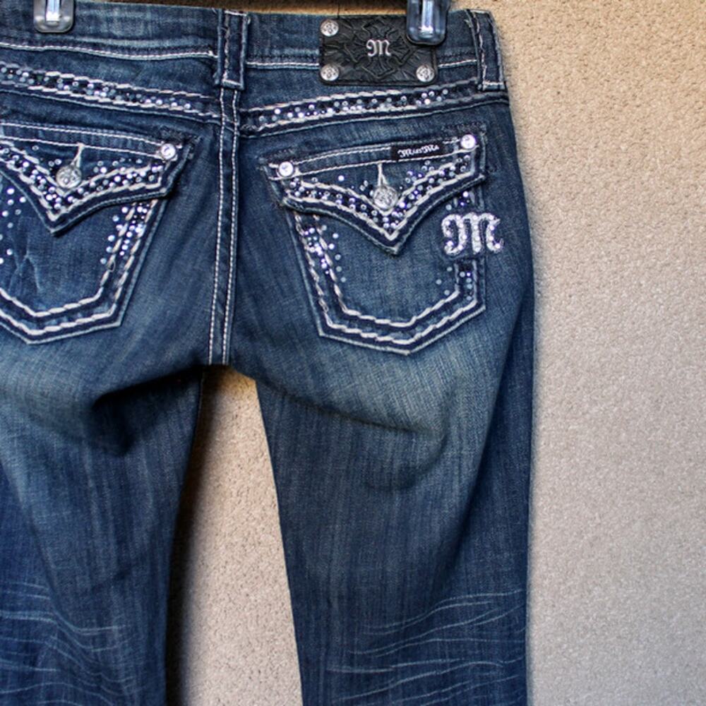 MISS ME | Bootcut Low Rise Long 33" Inseam Rhinestone Bling Dark Wash Jeans Tall